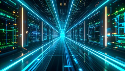Futuristic server room with glowing lines converging at the end of a long corridor