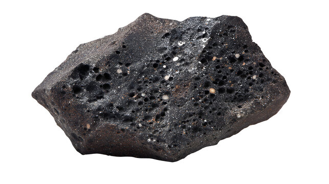 Chondrite meteorite fragment, dark stony appearance, visible chondrules, isolated on Transparent background