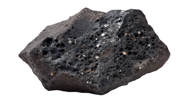 Chondrite meteorite fragment, dark stony appearance, visible chondrules, isolated on Transparent background