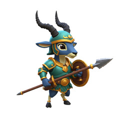 A stylized anthropomorphic creature clad in ornate armor wielding a spear and shield ready for battle or adventure.