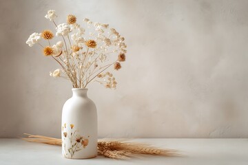 Elegant dried floral arrangement in a decorative vase with wheat stalks, evoking natural beauty and rustic charm for home decor