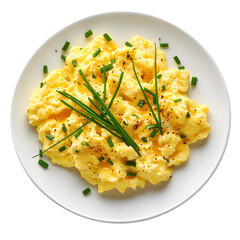 scrambled eggs with chives on a white plate isolated on a white background