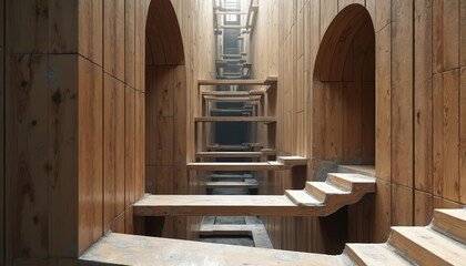 Wooden staircase optical illusion inside building. Endless stairs create confusing perspective. Concrete steps, arched doorways, natural light enhance surreal architectural design.