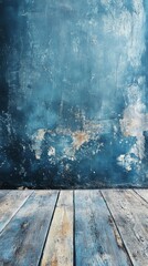 Distressed Wall and Wooden Floor Background in Blue and White
