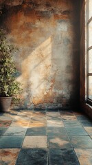 Sunlight Streaming Through Window on Aged Wall with Plant and Tile Floor