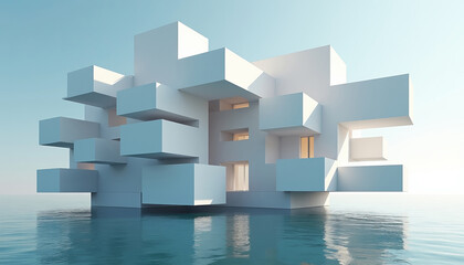 A captivating 3D architectural rendering of a residential house on the sea, showcasing a modern design and isometric structure.