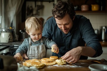 Father and his young son making pancakes together in the kitchen, emphasizing family interaction, learning, and shared responsibilities in the home, Generative AI