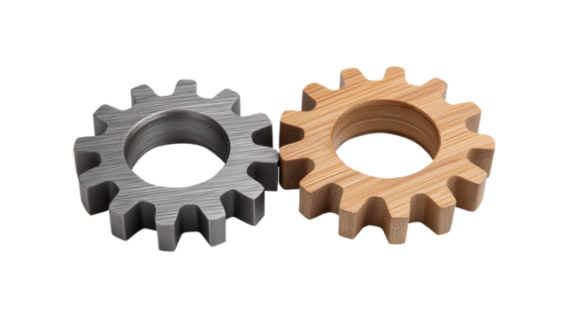 Metal and wooden interlocking gears representing AI technology integration with natural elements