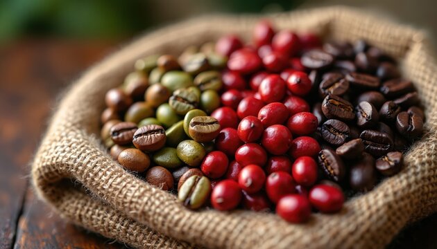 Collection of coffee beans in burlap sack. Features green, red cherry, roasted brown beans. Macro shot highlights bean textures, variety. Essential ingredient for hot beverages, coffee culture, - Powered by Adobe