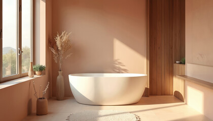 Fototapeta premium Modern bathroom featuring freestanding tub in soft peach tones. Warm beige tiles, wood accents, natural light create serene, luxurious ambiance. Plants add natural touch. Perfect for home decor,