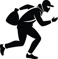 Silhouette of a Burglar Running with Stolen Bag After a Heist