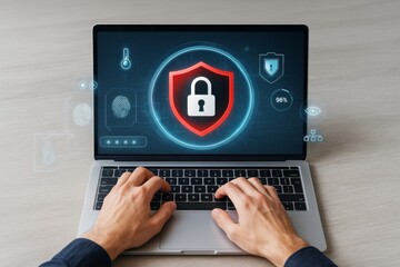 Cybersecurity concept showing hands typing on laptop with digital padlock interface on screen and futuristic light graphics on wooden background.
