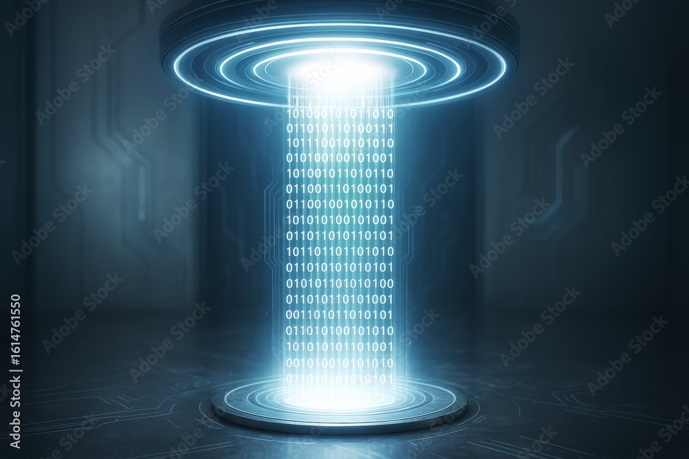Poster futuristic data transmission beam with binary code stream and glowing blue light on digital backgrou