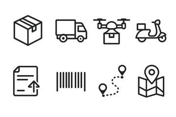 Icons of delivery services: package, truck, drone, scooter, document, barcode, route, map