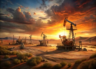 Panoramic Desert Oil Fields:  Massive Oil Rigs & Pumps - High Profit Oil Production