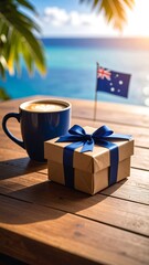 Gift coffee on a beachside table