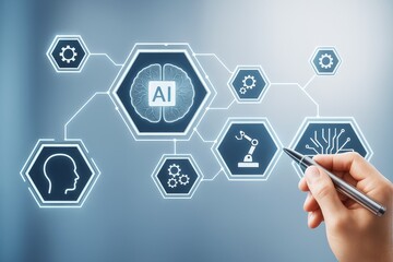 Artificial intelligence network interface with digital icons and robotic automation on futuristic blue background held by hand with pen in focus.