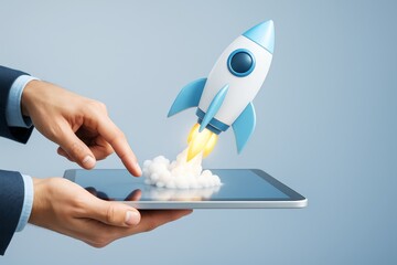 Businessman's hand launching cartoon rocket from tablet screen on light blue background, symbolizing startup and technology innovation concept.