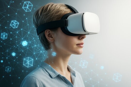 Woman wearing VR headset exploring digital blockchain interface with futuristic blue tech background and light network concept in side view.