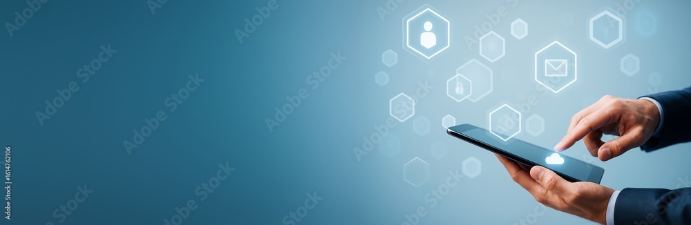 Wall mural businessman using digital tablet with cloud computing icons on blue tech background for technology p