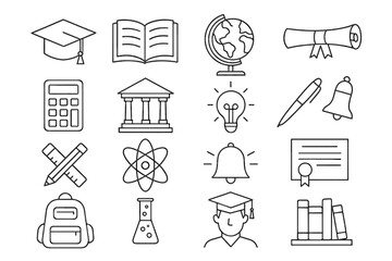 Fototapeta premium Education icons set: graduation cap, globe, diploma, books, pen, calculator, backpack