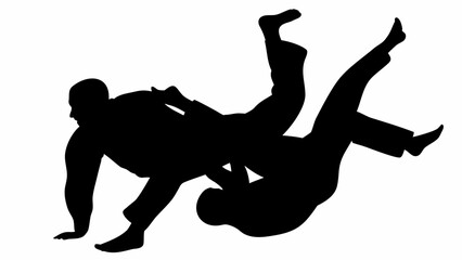 Silhouette of two figures engaged in a judo throw with one figure in the air and the other on the ground