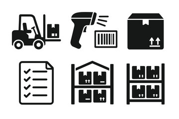 Warehouse logistics icons: forklift, barcode scanner, inventory management, shipping boxes, shelving