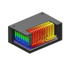 A detailed illustration showcases a thermal management system with colorful heat transfer pathways within a contained unit.
