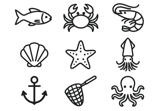 Marine life icons: fish, crab, shrimp, shell, starfish, squid, anchor, net, octopus