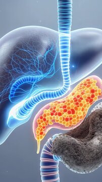 Dynamic 3D animation illustrates energy flow within the human digestive system featuring liver stomach and pancreas