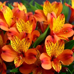 Naklejka premium Close-up of vibrant orange and yellow alstroemeria flowers (1)
