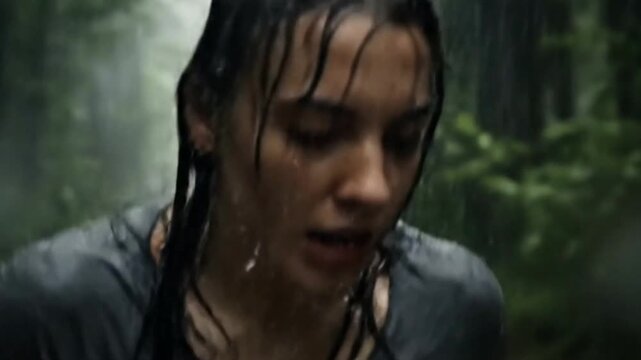 Person running in a wet forest path during a heavy rain