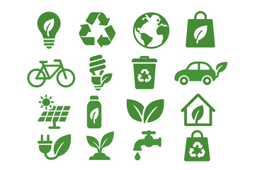 Green eco icons: sustainability and environmental awareness symbols