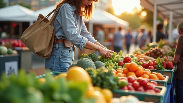 Woman shops for fresh produce at an outdoor farmers market in the warm evening light. - Powered by Adobe