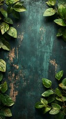 Green Leaf Border on Textured Dark Background Vertical