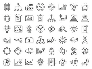 Business and Data Analytics Line Icons Set with Light Up Effect – KPI, Graphs, Charts, Marketing Strategy, Report, Cloud, Planning, and Performance Metrics Symbols on White Background