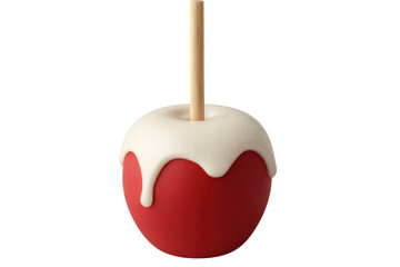 Red candy apple covered with white chocolate icing on transparent background