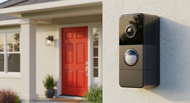 Outdoor security camera mounted near a red front door of a suburban home during daylight hours ai generated