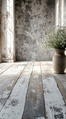 Vase with White Flowers on Rustic Wooden Floor Near Window