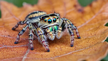 A close-up highly detailed illustration of a jumping spider perched on the edge illustration. Ai generated.