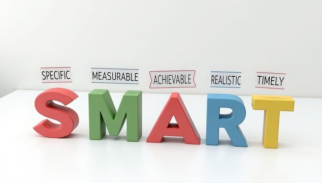 A creative visual representation of the SMART goals framework, featuring each letter of the acronym — S, M, A, R, T — as colorful 3D objects placed on a clean white surface. Above each letter, the cor
