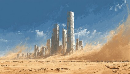 Futuristic city partially buried in a desert sandstorm
