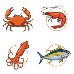 Assortment of seafood illustrations crab shrimp squid and tuna
