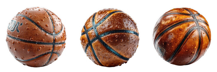 Three brown leather basketballs are displayed on a transparent background in a studio setting