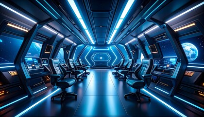 Futuristic spaceship bridge interior; sleek consoles, vibrant blue lighting, and comfortable seating