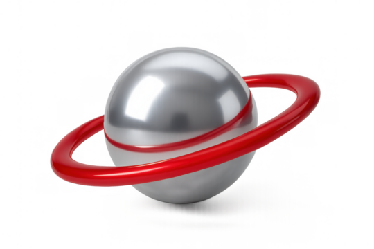 Silver sphere with red ring rotating on transparent background