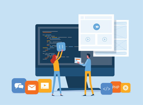 web design and mobile application design process with designer and developer team working collaboration concept

