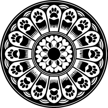 Circular Mandala Design with Paw Prints and Hearts silhouette