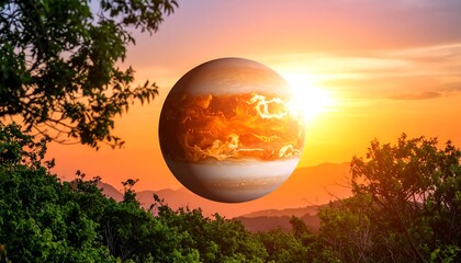 Jupiter planet over sunset landscape