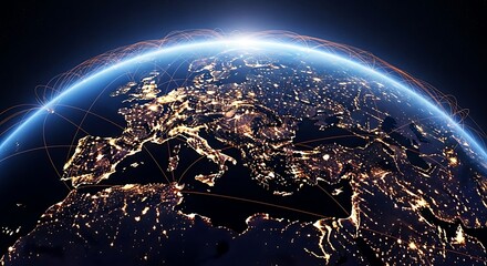 Earth at night with glowing orange network lines connecting cities across Europe planet lights